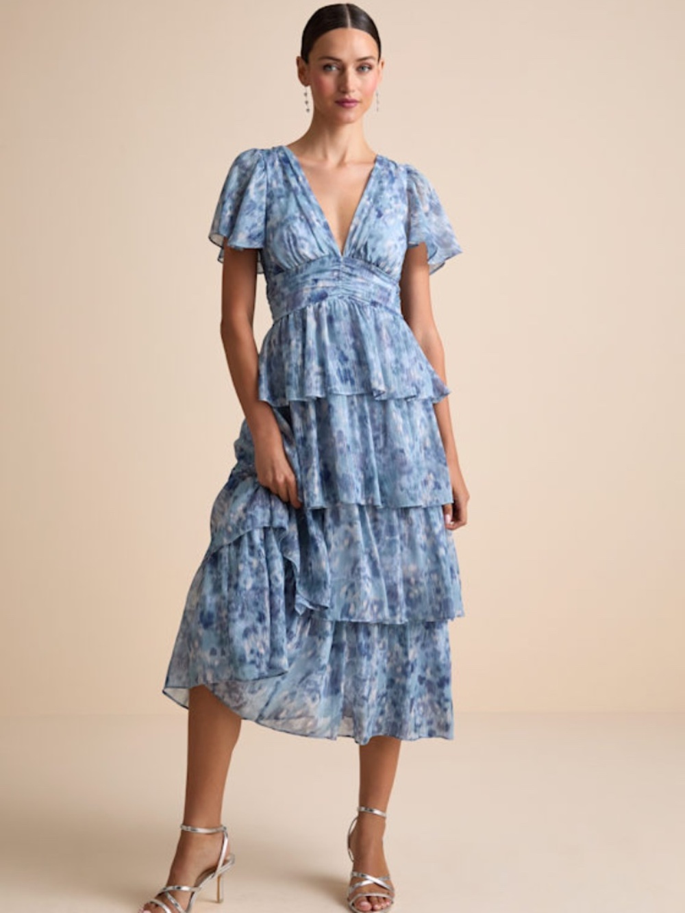 Lulus Nalia Blue Abstract Print Tiered Tie-back Midi Dress - Size M
